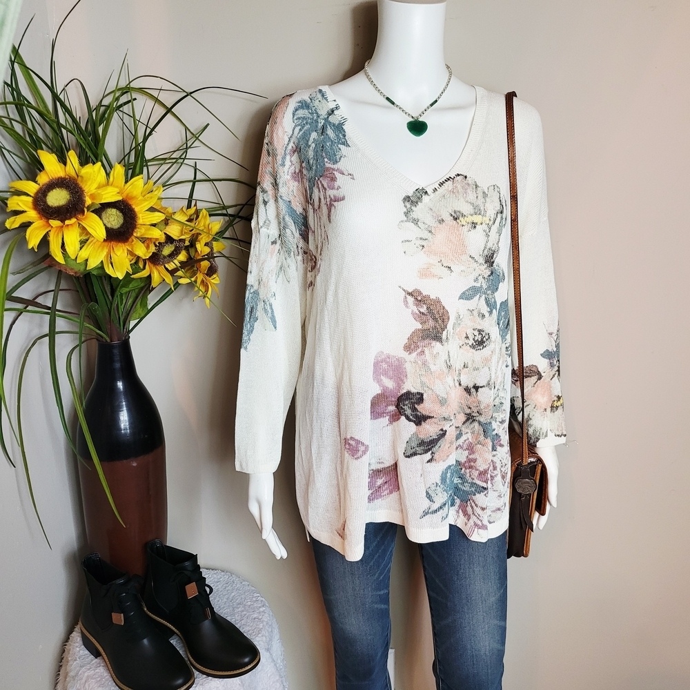 J. Jill Linen Floral Tunic Top Boho Cottagecore V Neck Oversized L - Picture 2 of 6